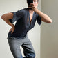 Prada 2000's blue cotton button down short sleeved knit shirt