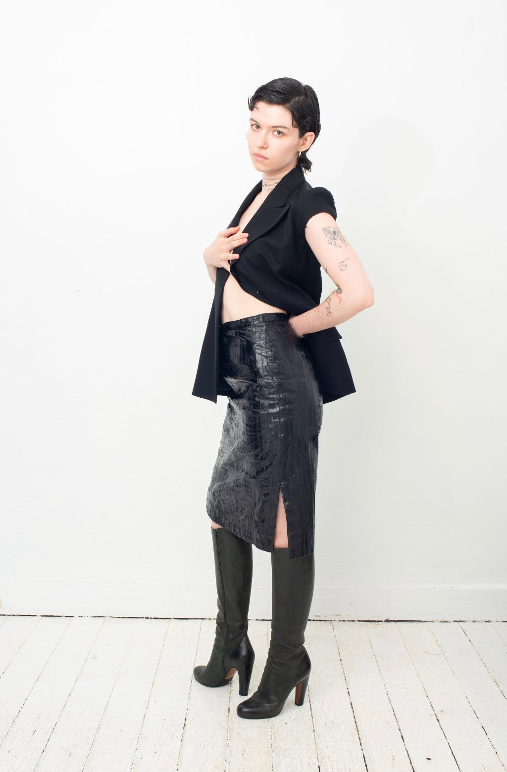 Krizia 80's black eel leather pencil skirt