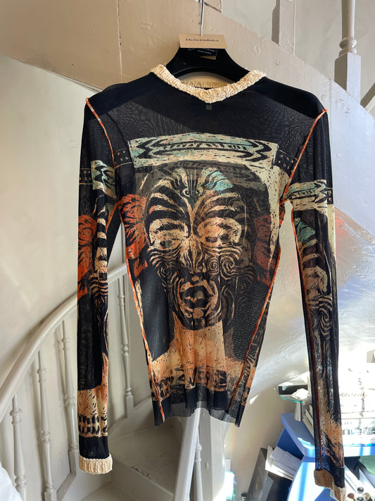 Jean Paul Gaultier 90s Maori print mesh shirt