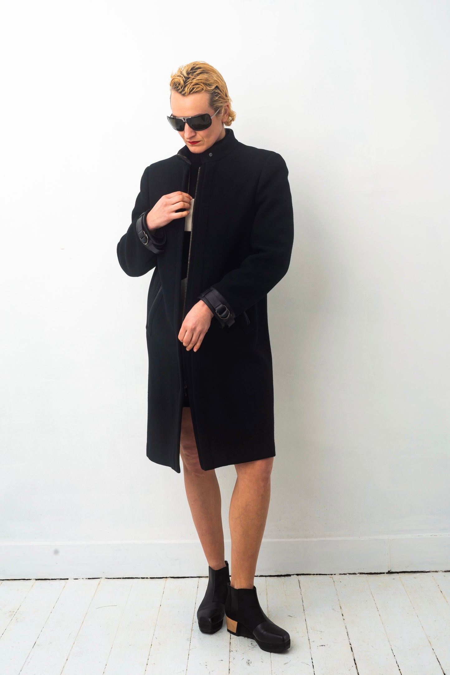 Prada FW 1999 black wool coat with leather details