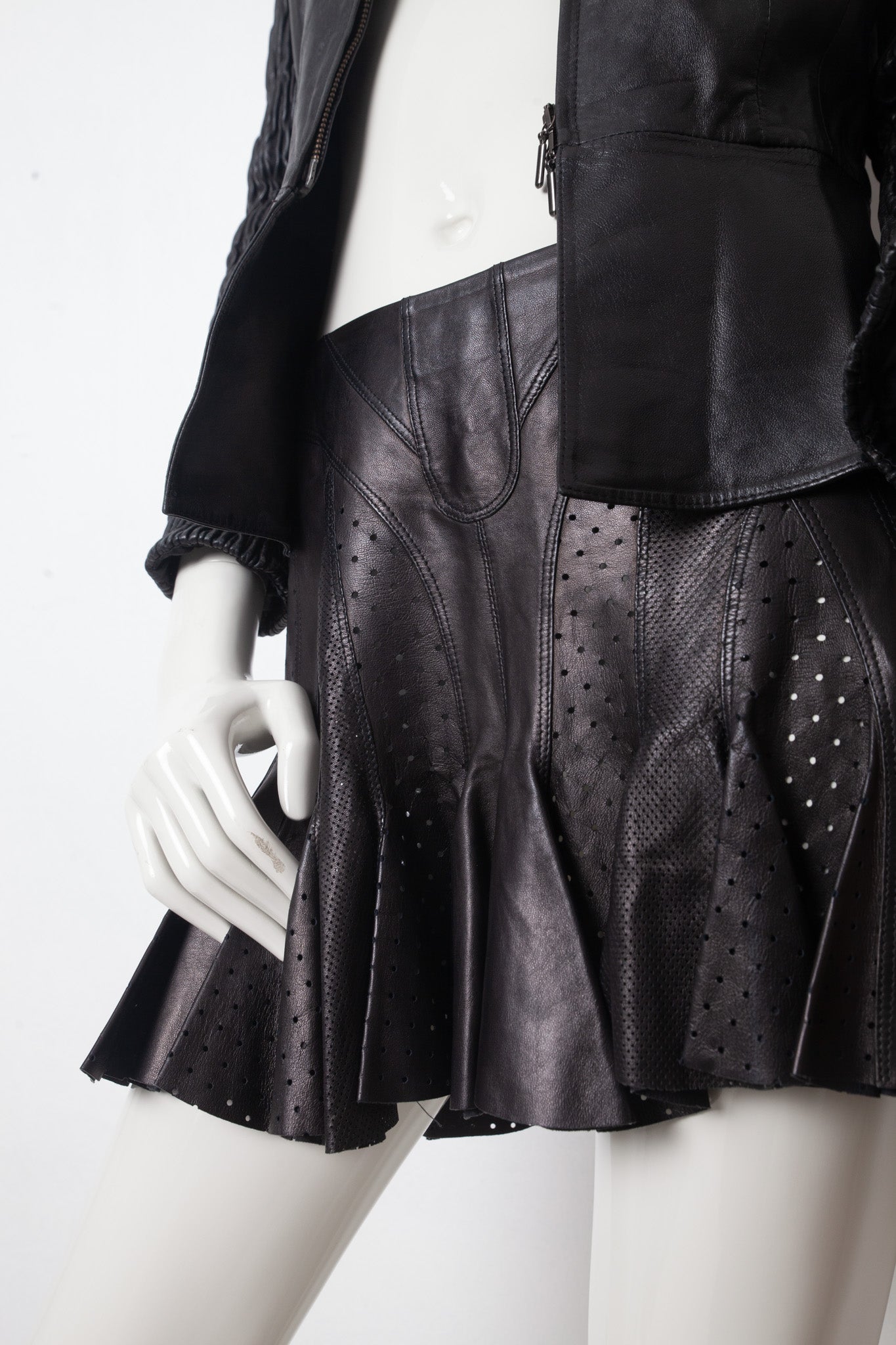 Alexander McQueen SS 2003 black perforated leather pleated miniskirt