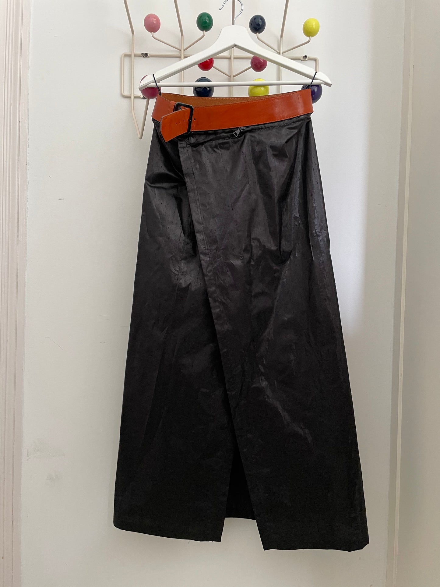 Jean Paul Gaultier SS 2000 black silk skirt with zipped leather belt