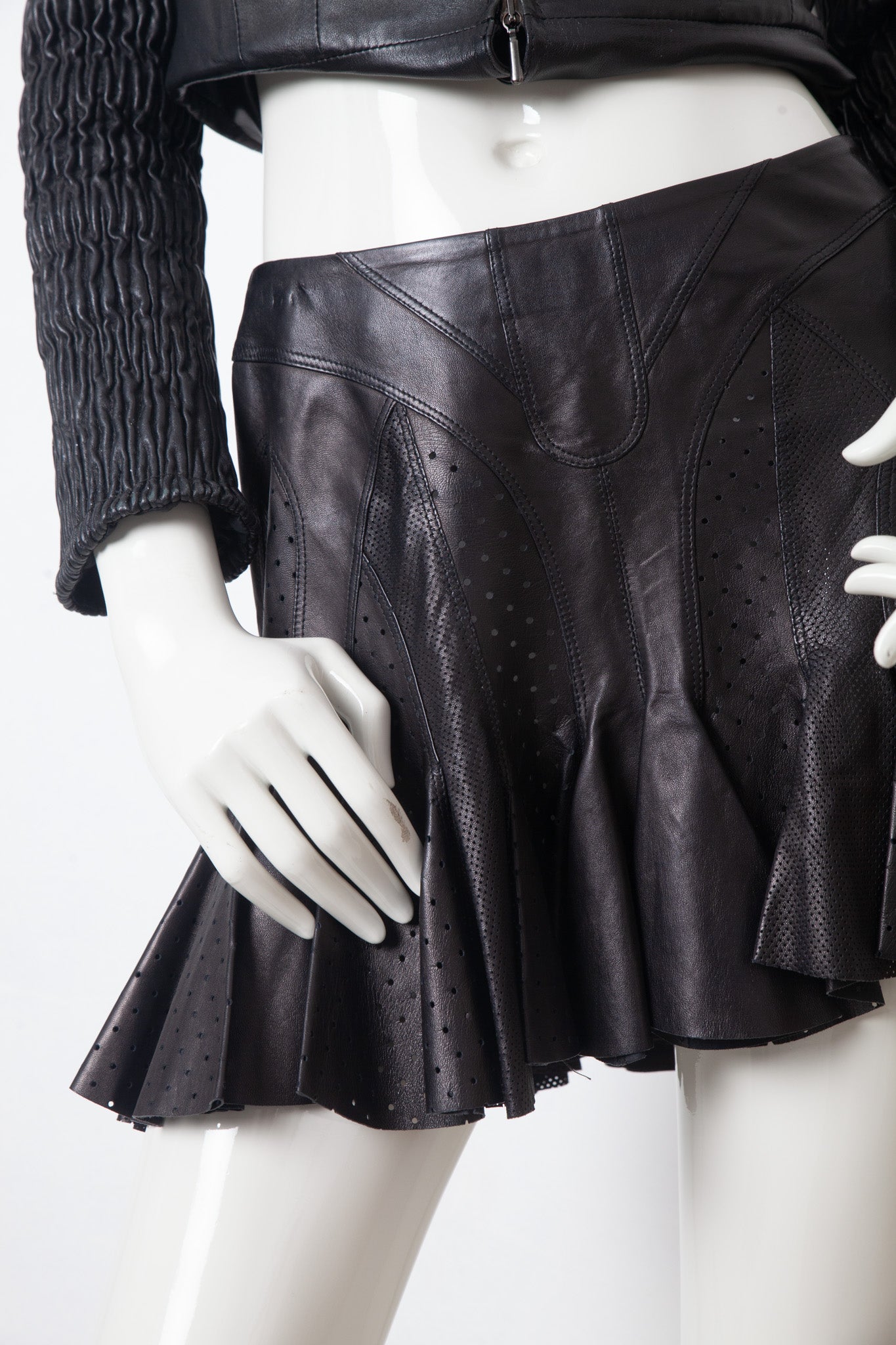 Alexander McQueen SS 2003 black perforated leather pleated miniskirt