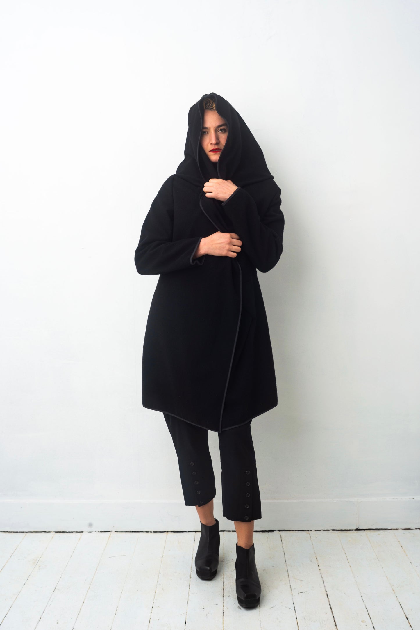 Comme des Garçons 90's black wool asymmetric jacket with oversized hood