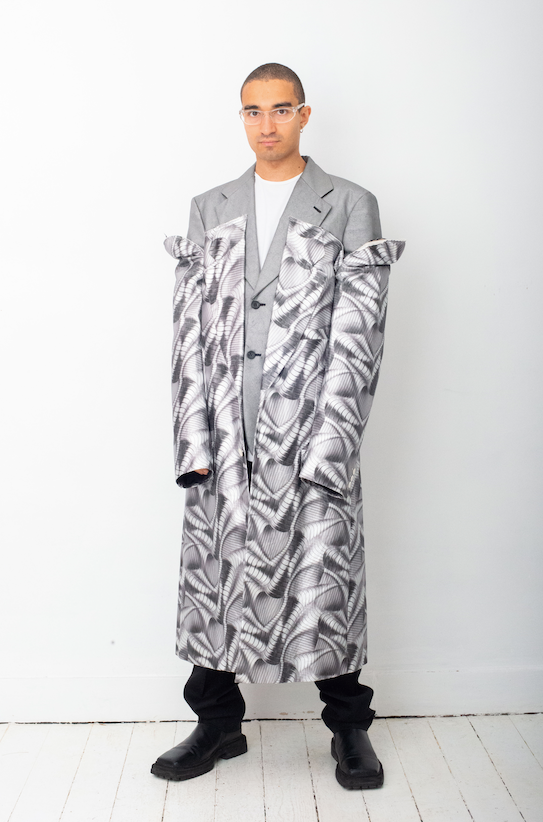 Comme des Garçons SS 2021 double layered silver abstract print coat