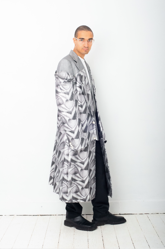 Comme des Garçons SS 2021 double layered silver abstract print coat