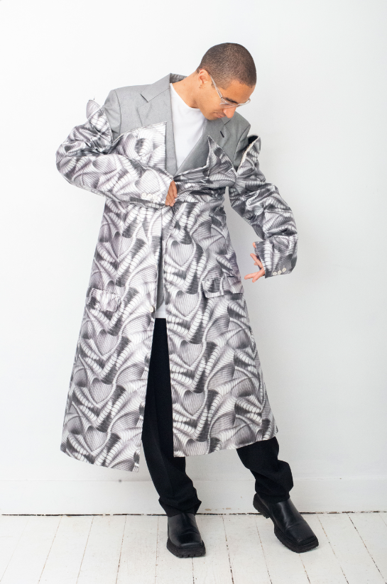 Comme des Garçons SS 2021 double layered silver abstract print coat