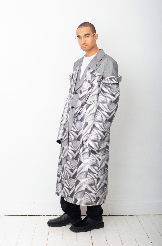 Comme des Garçons SS 2021 double layered silver abstract print coat