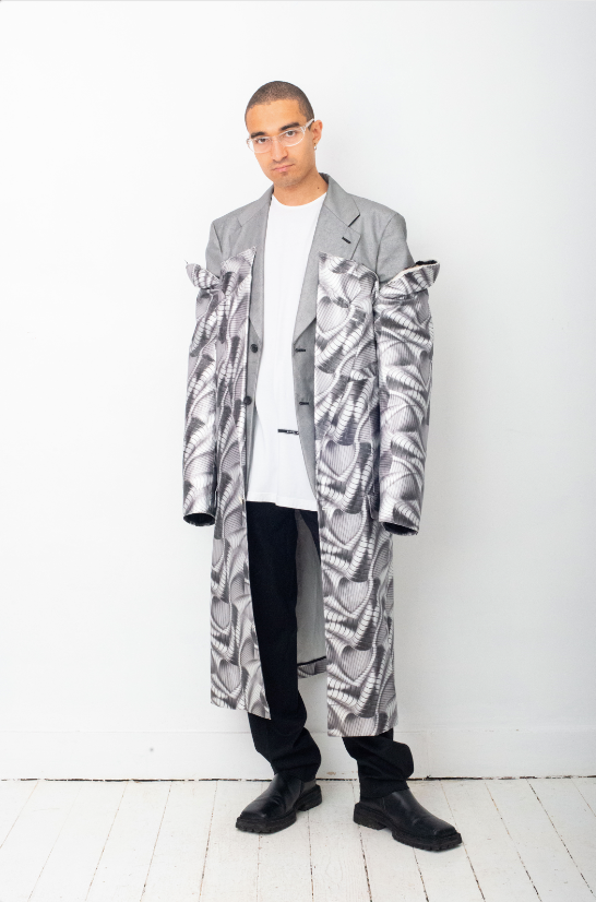 Comme des Garçons SS 2021 double layered silver abstract print coat