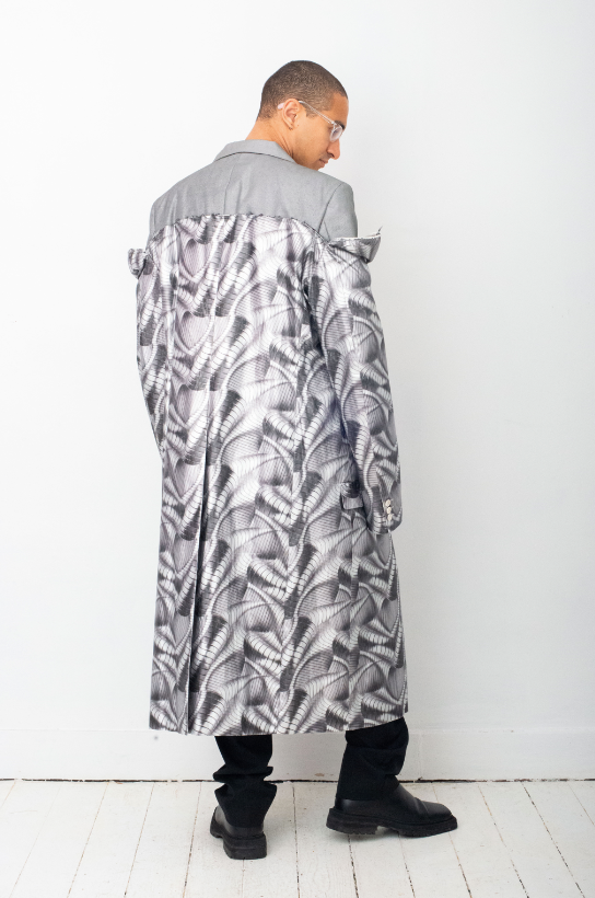 Comme des Garçons SS 2021 double layered silver abstract print coat