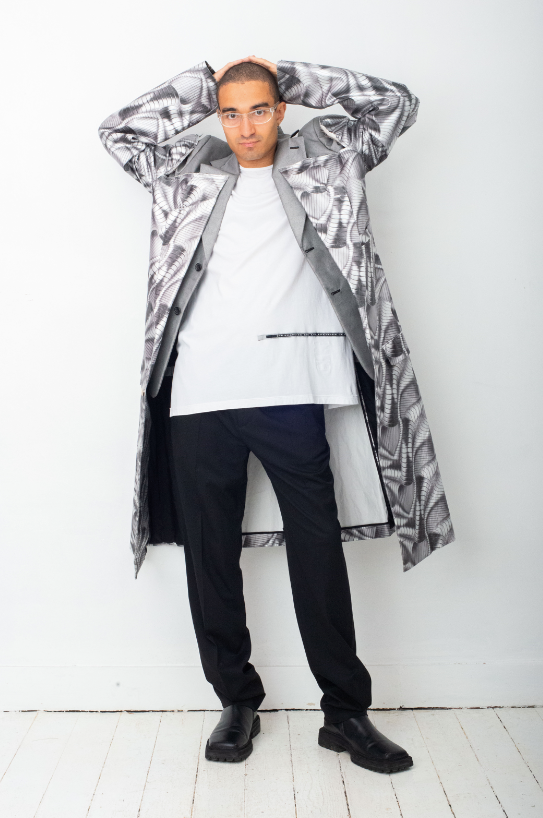 Comme des Garçons SS 2021 double layered silver abstract print coat