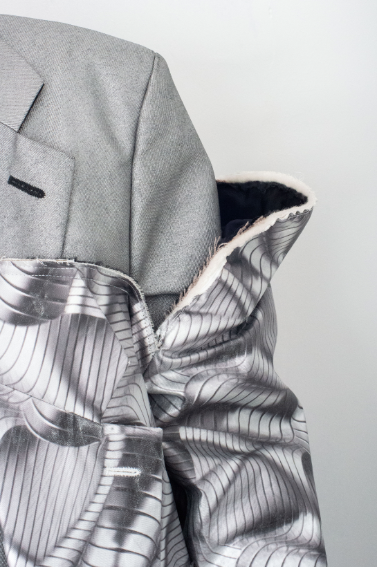 Comme des Garçons SS 2021 double layered silver abstract print coat