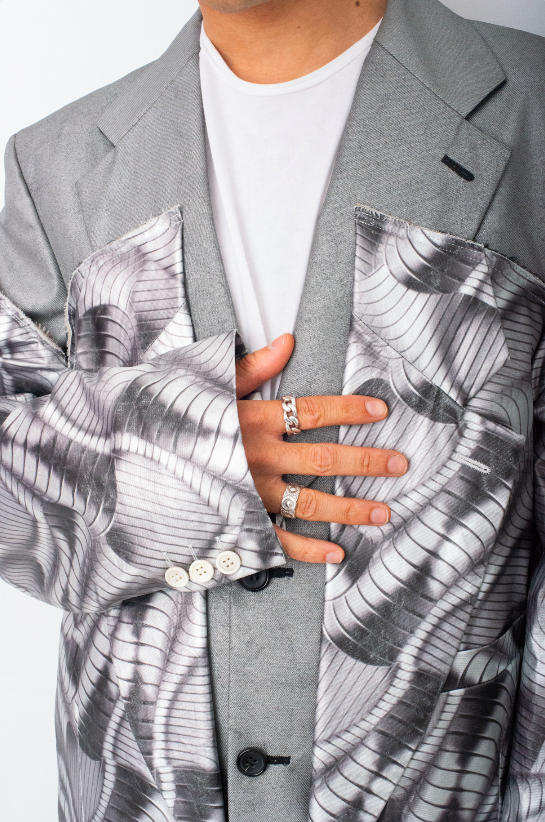 Comme des Garçons SS 2021 double layered silver abstract print coat