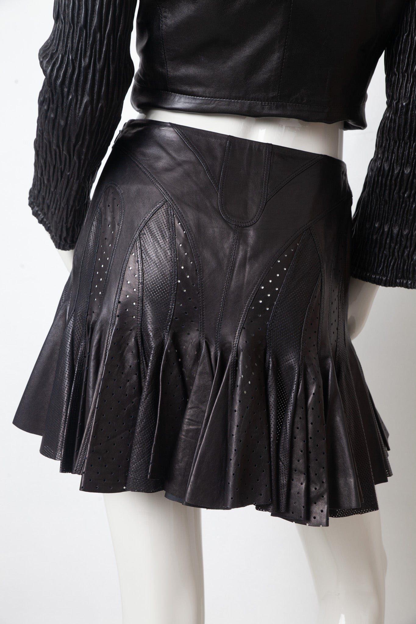Alexander McQueen SS 2003 black perforated leather pleated miniskirt