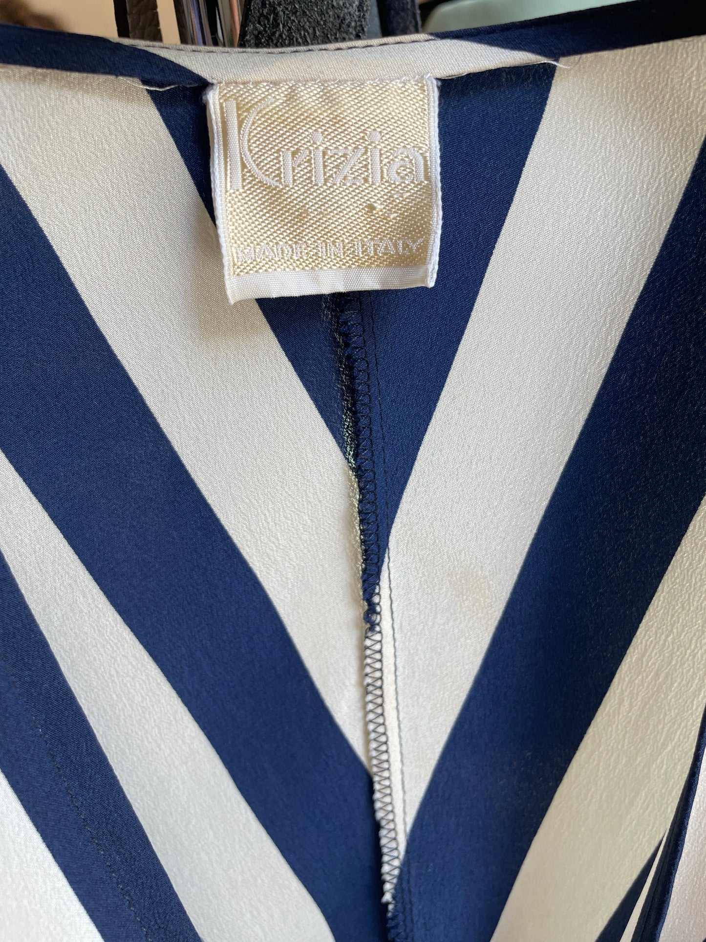 Krizia 80's silk diagonally striped navy and white summer dress