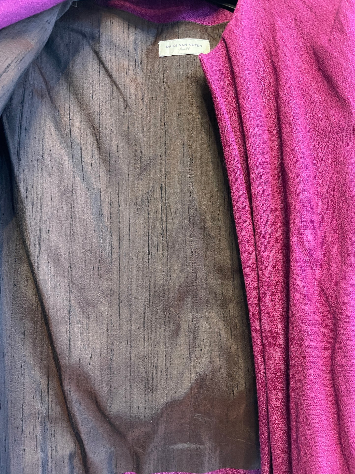 Dries van Noten FW 2005 fuchsia kimono jacket with belt and fur sleeves