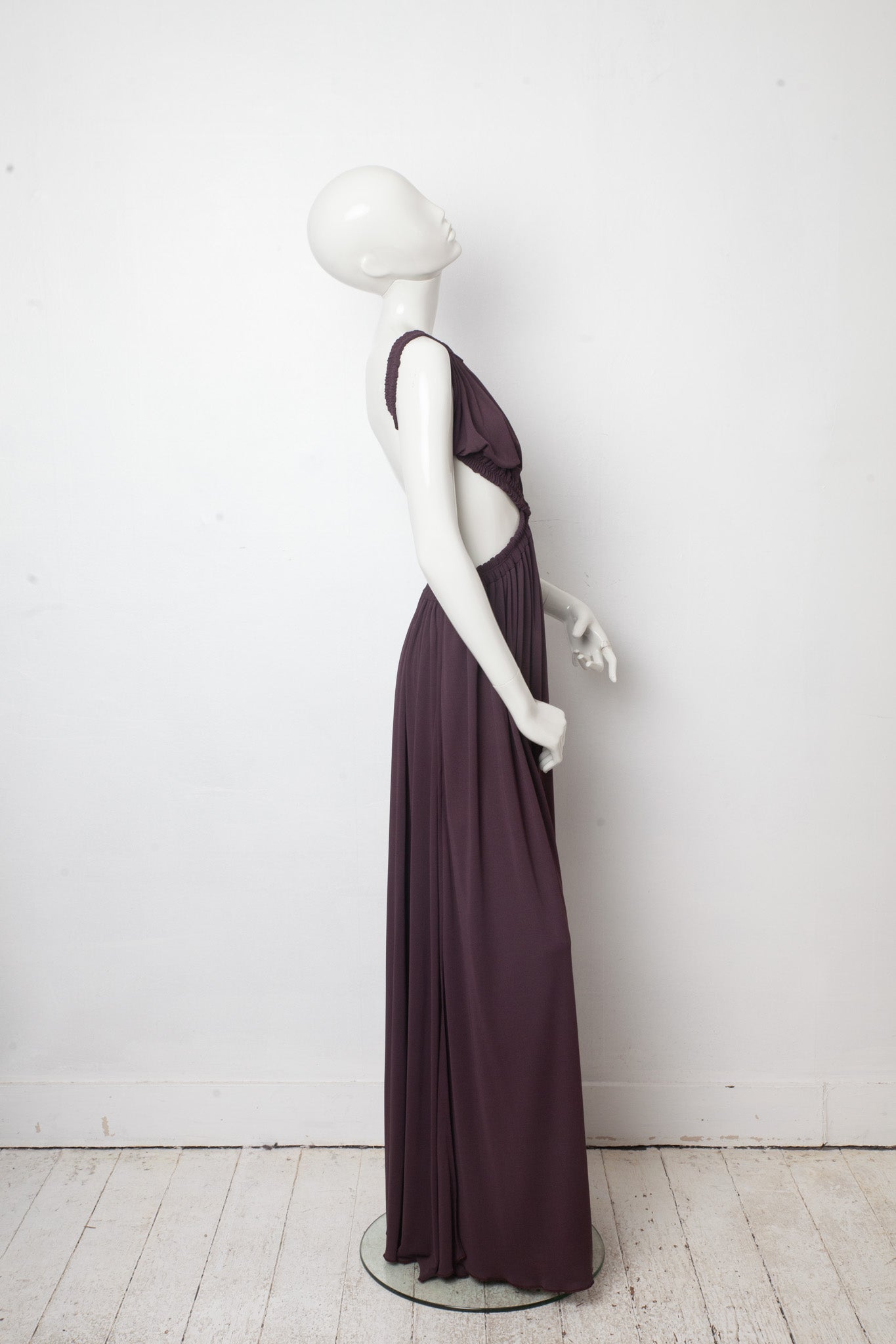 Céline SS 2017 aubergine jersey evening dress with open back