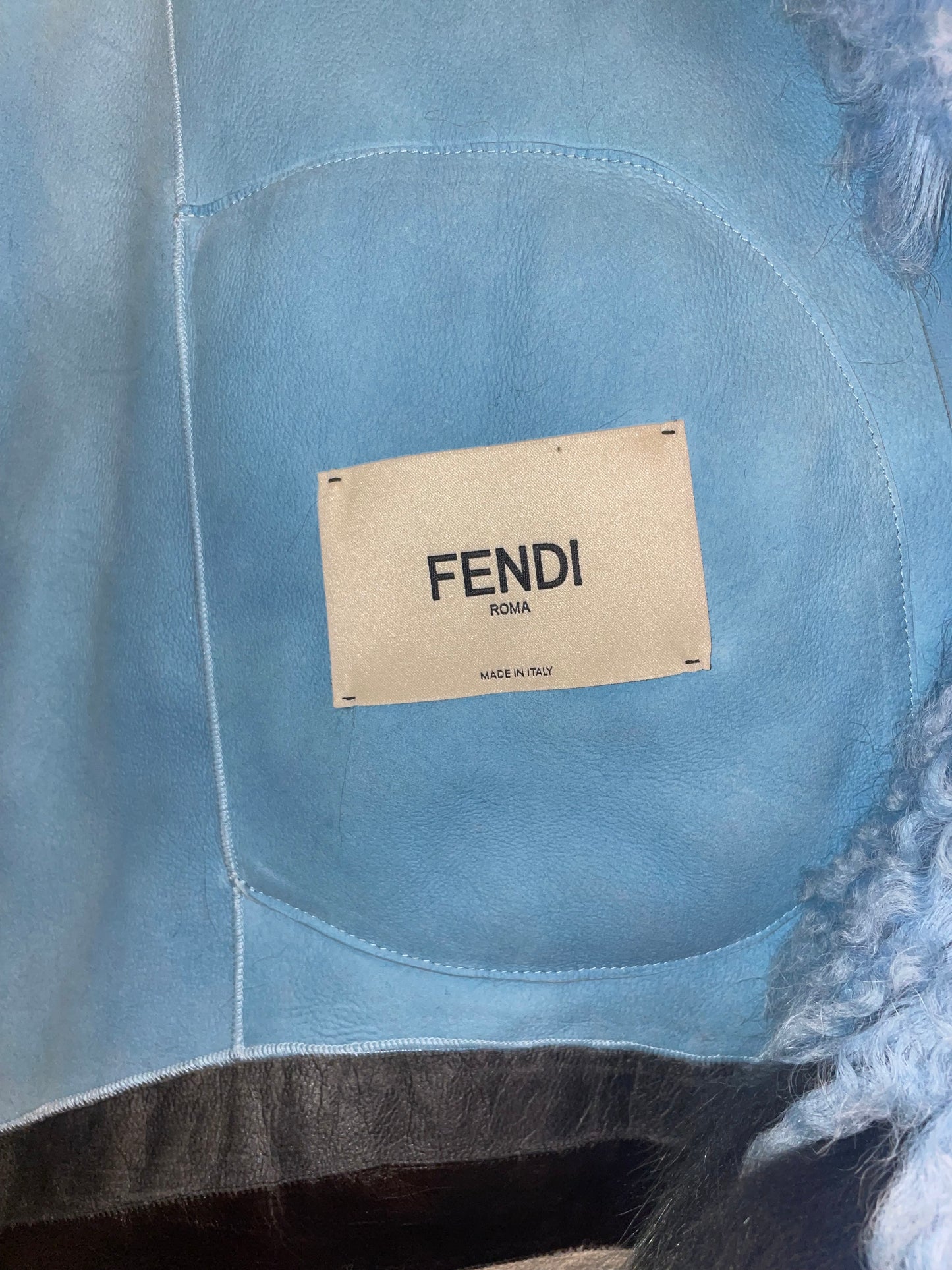 Fendi FW 2016 blue fur shearling coat with striped fox fur trims