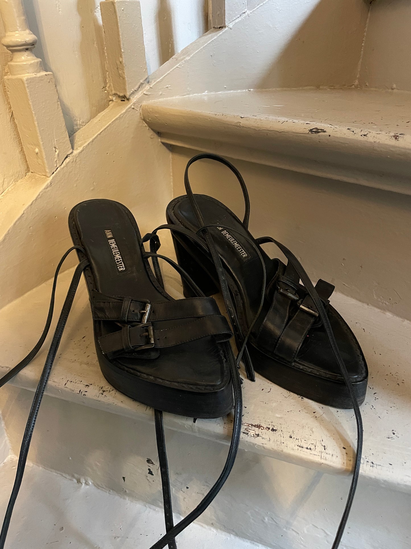 Ann Demeulemeester chunky heel platform black sandals with leather straps size 38