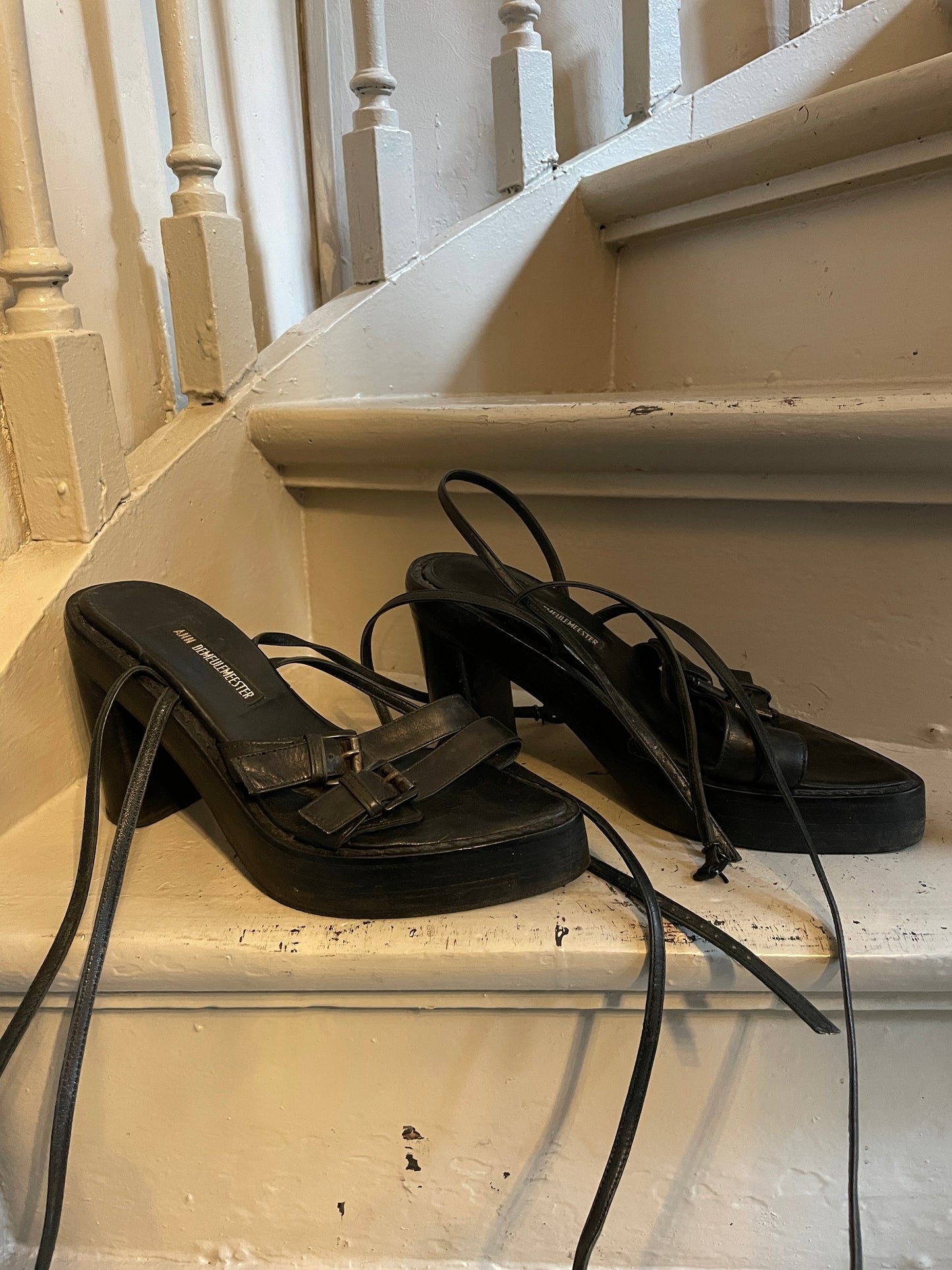 Ann Demeulemeester chunky heel platform black sandals with leather straps size 38