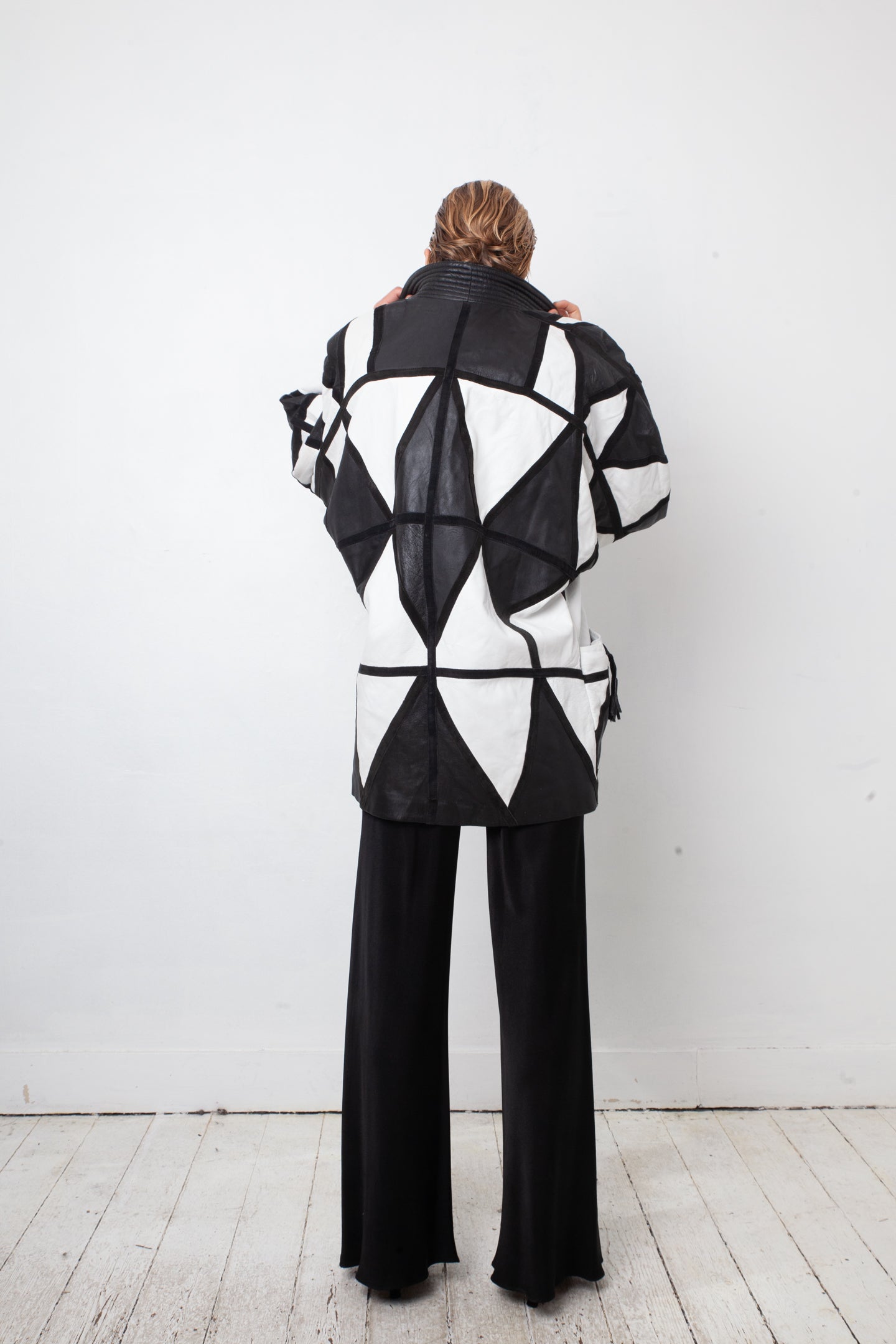 Yves Saint Laurent 80's black and white leather harlequin coat