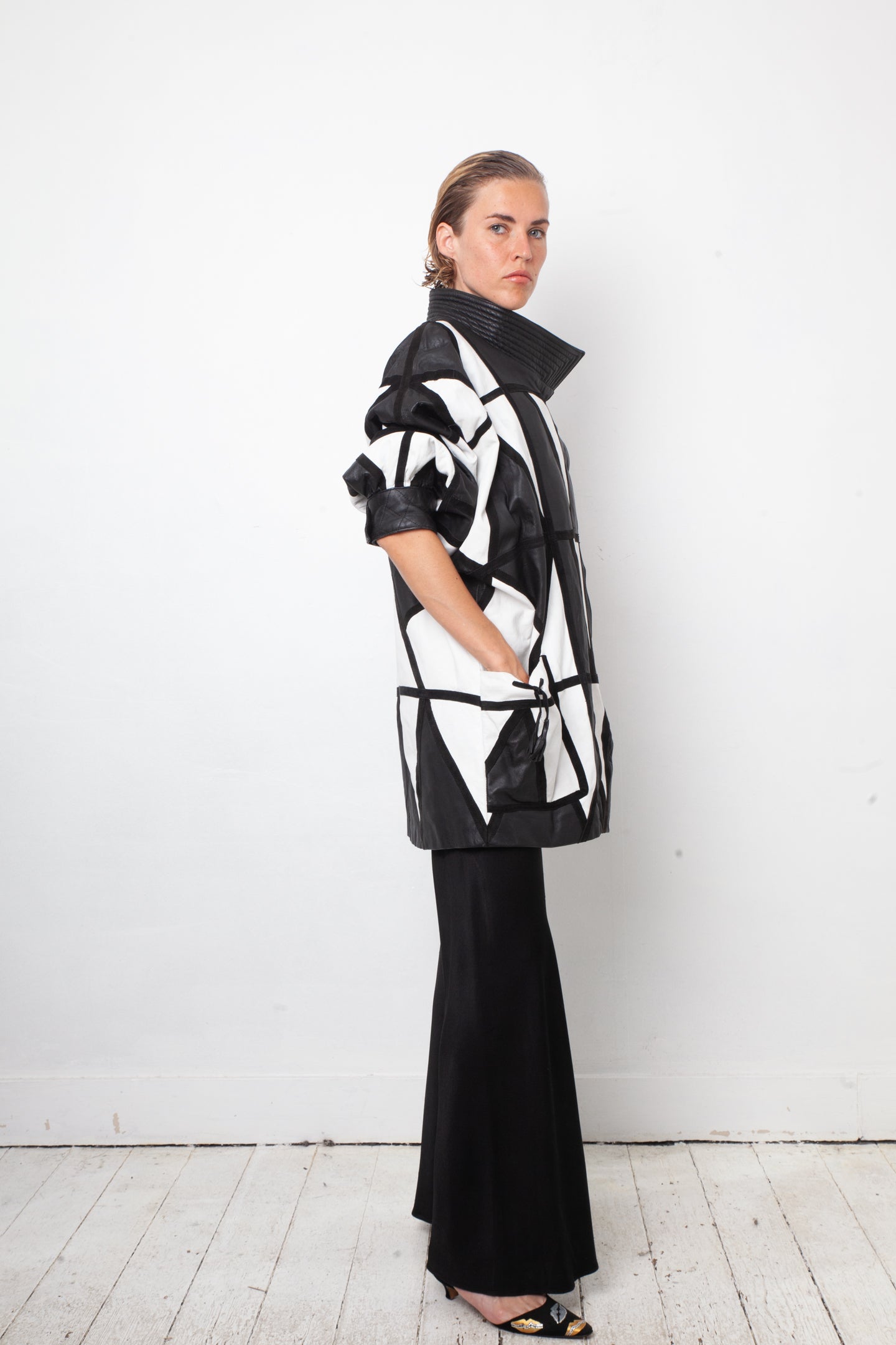 Yves Saint Laurent 80's black and white leather harlequin coat