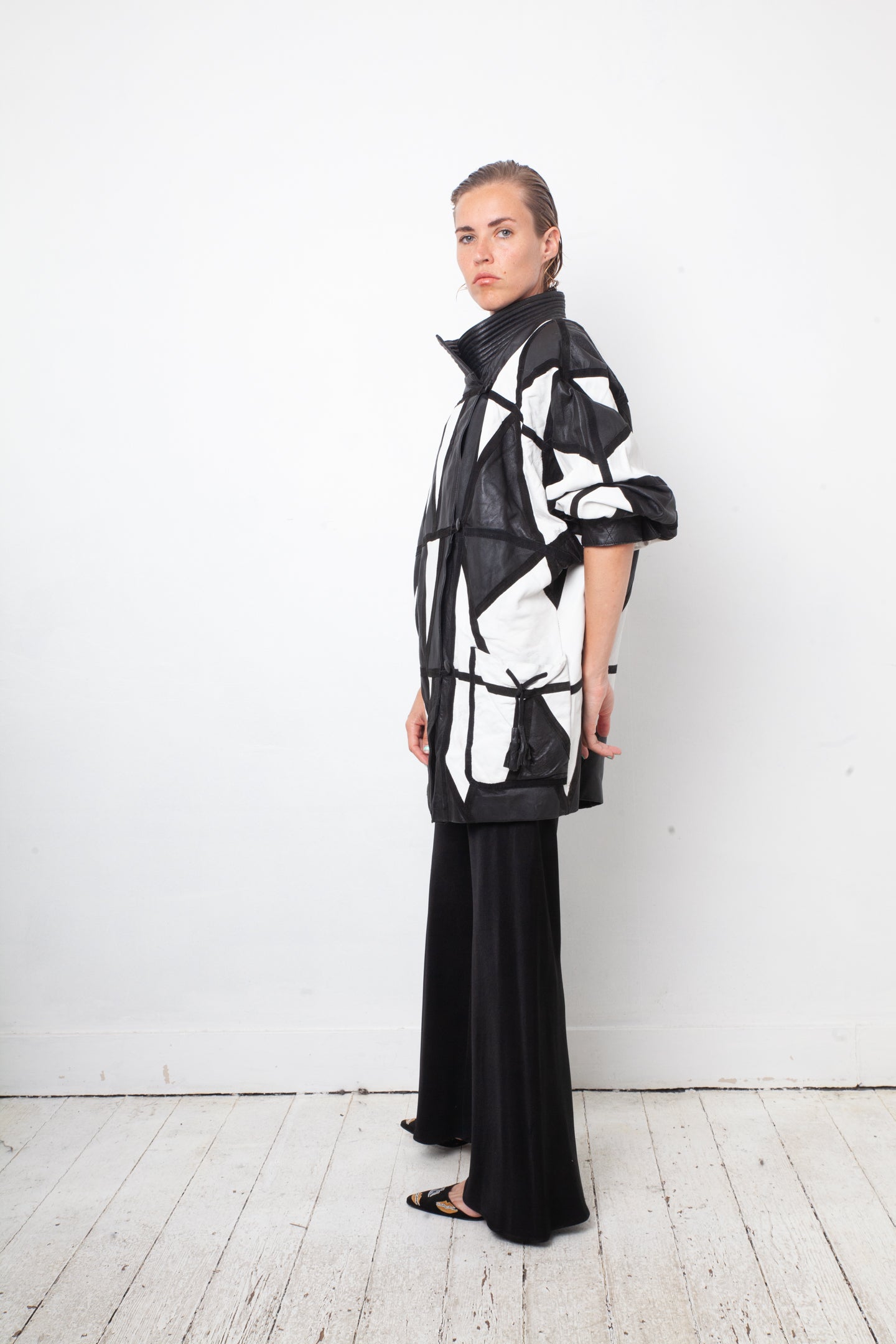 Yves Saint Laurent 80's black and white leather harlequin coat