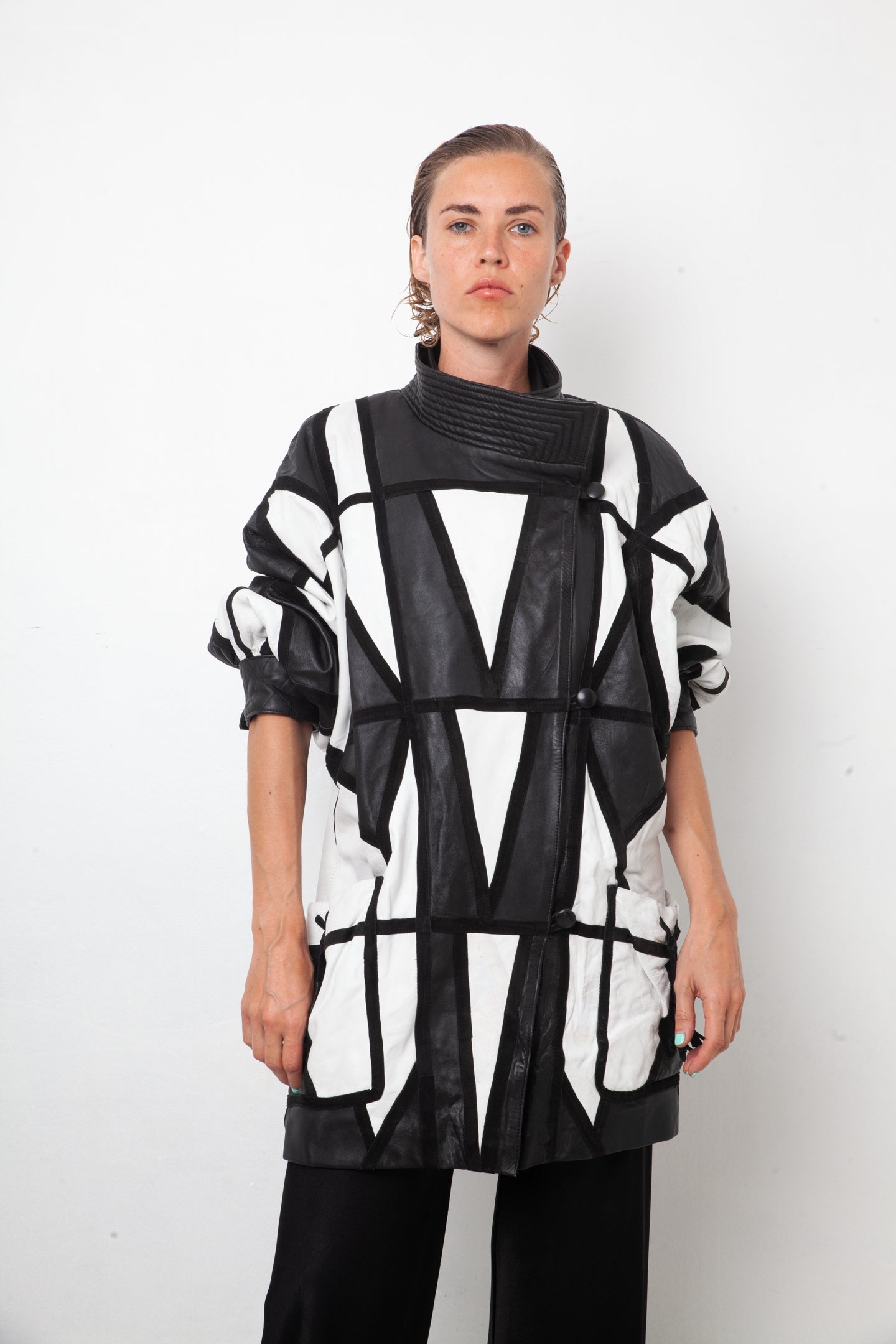 Yves Saint Laurent 80's black and white leather harlequin coat