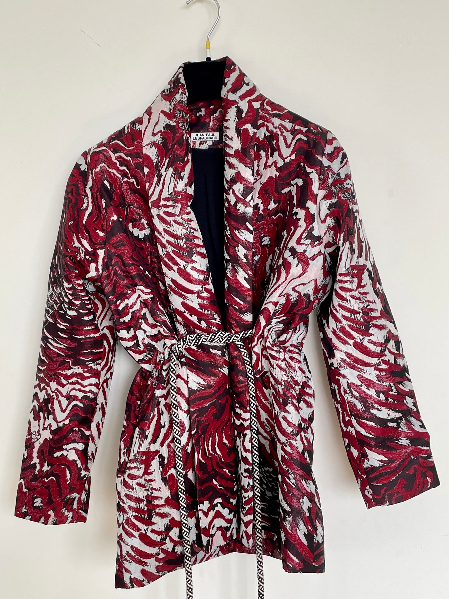 Jean-Paul Lespagnard red, black and white lurex jacket with wavy pattern and rope belt