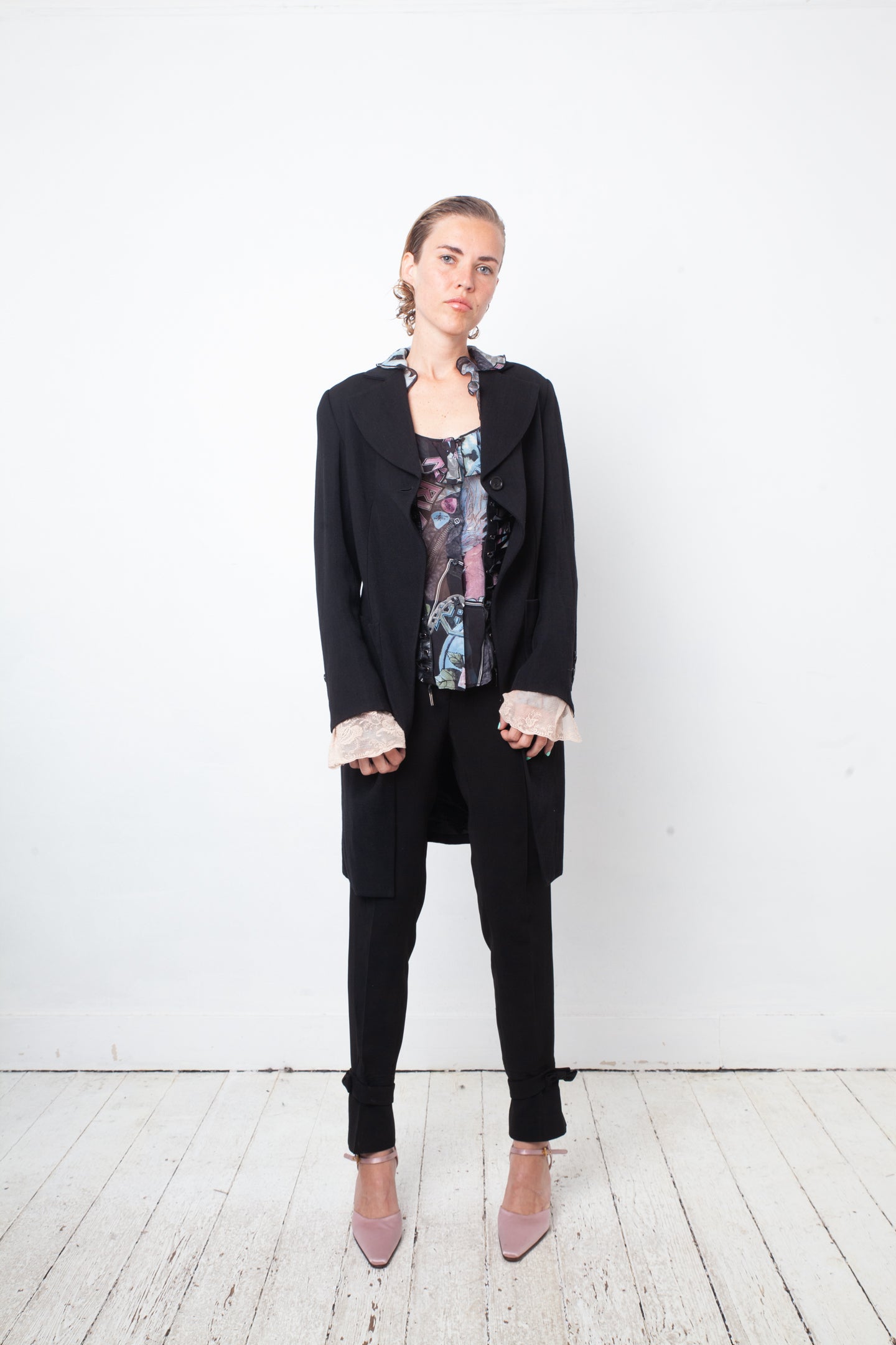 Ann Demeulemeester 2000's black wool tailcoat with pink lace cuffs