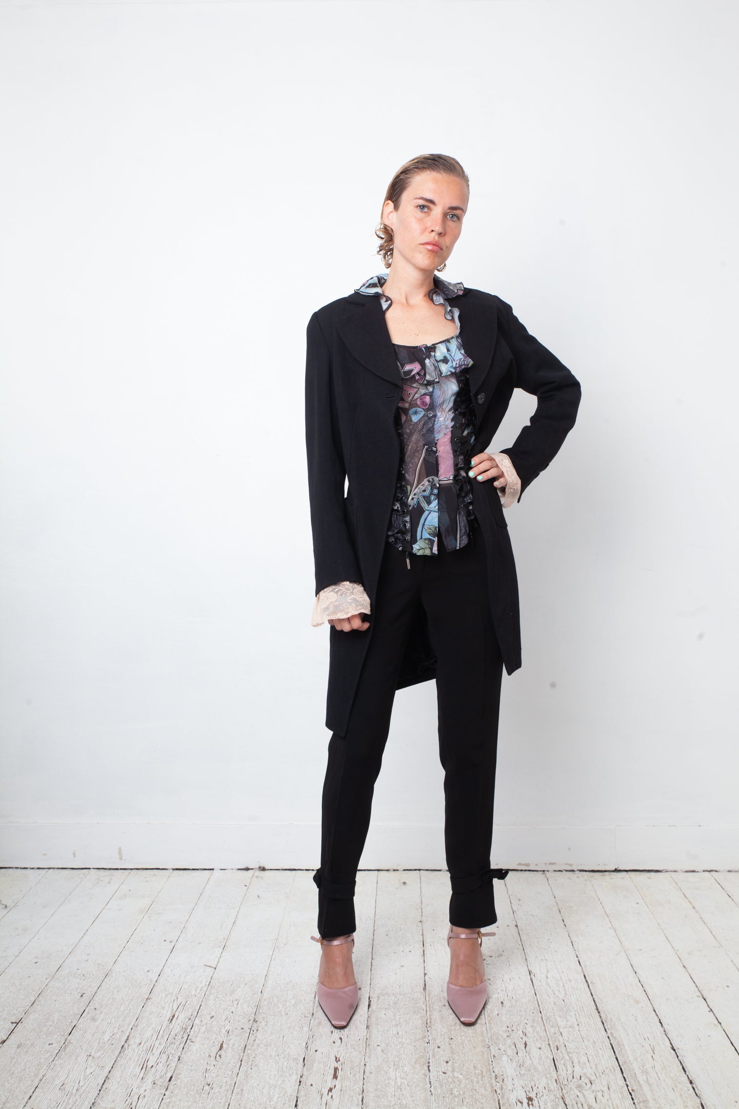 John Richmond 2000's silk black, blue & pink graphic printed shirt with lace detail
