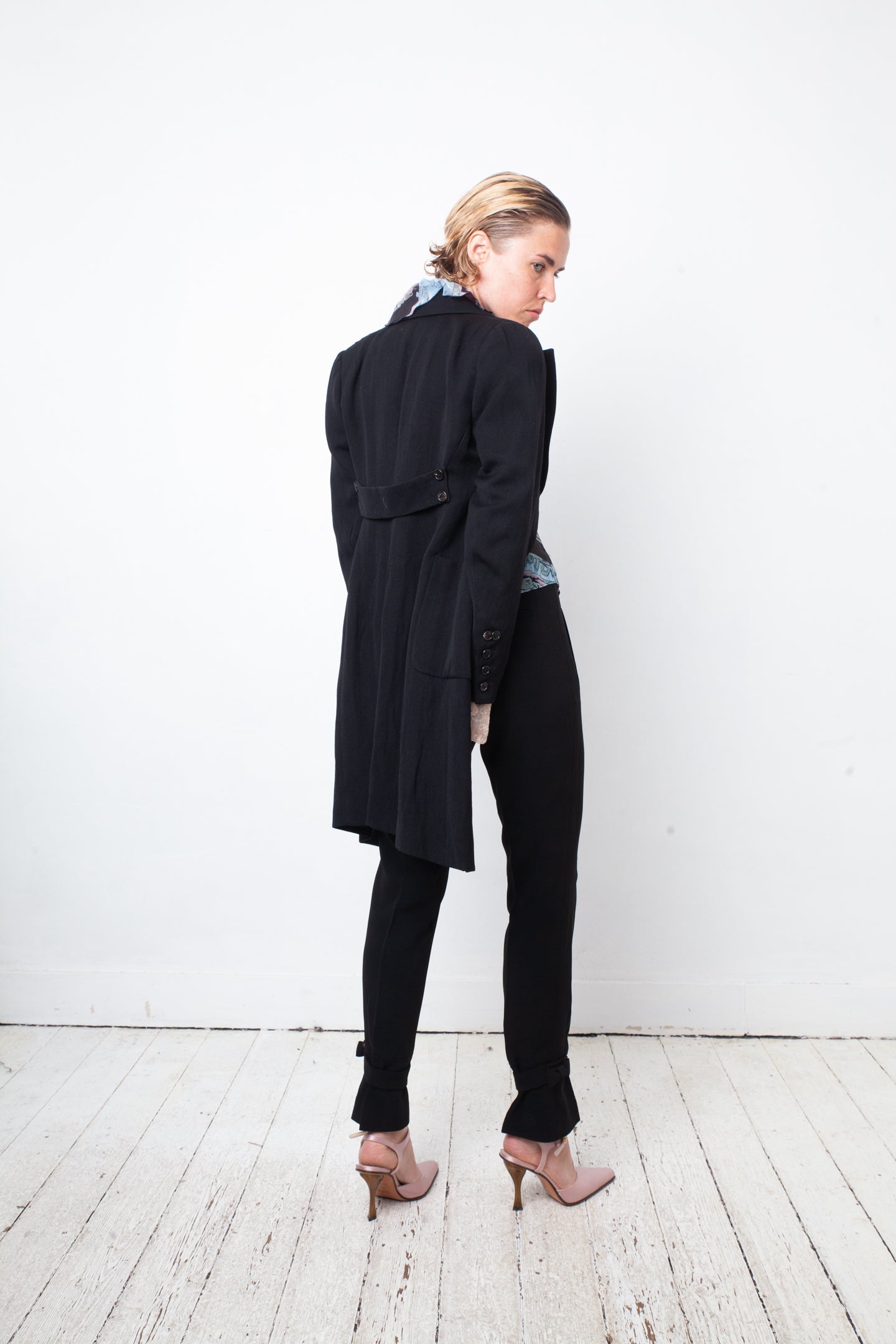 Ann Demeulemeester 2000's black wool tailcoat with pink lace cuffs