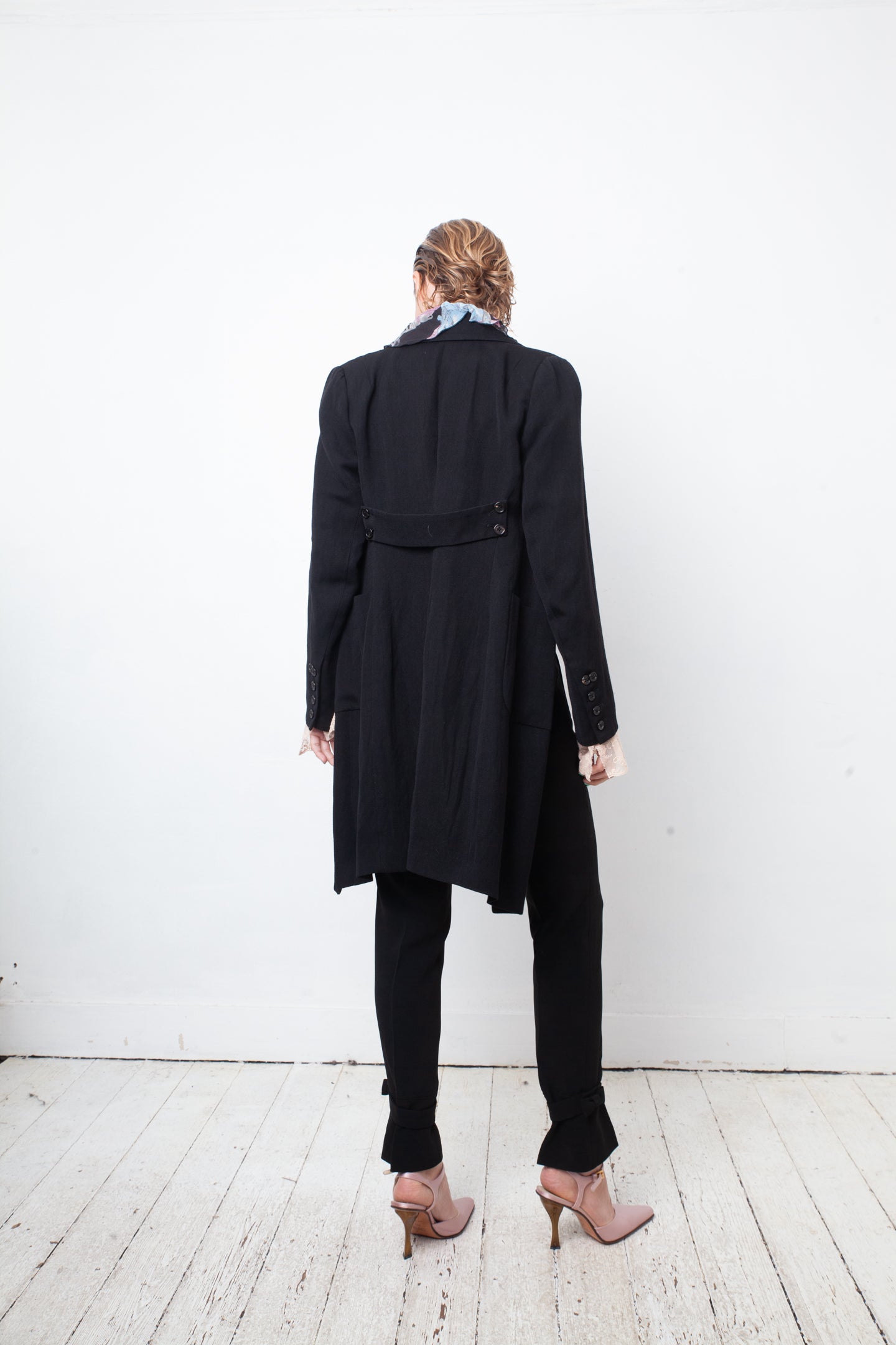 Ann Demeulemeester 2000's black wool tailcoat with pink lace cuffs