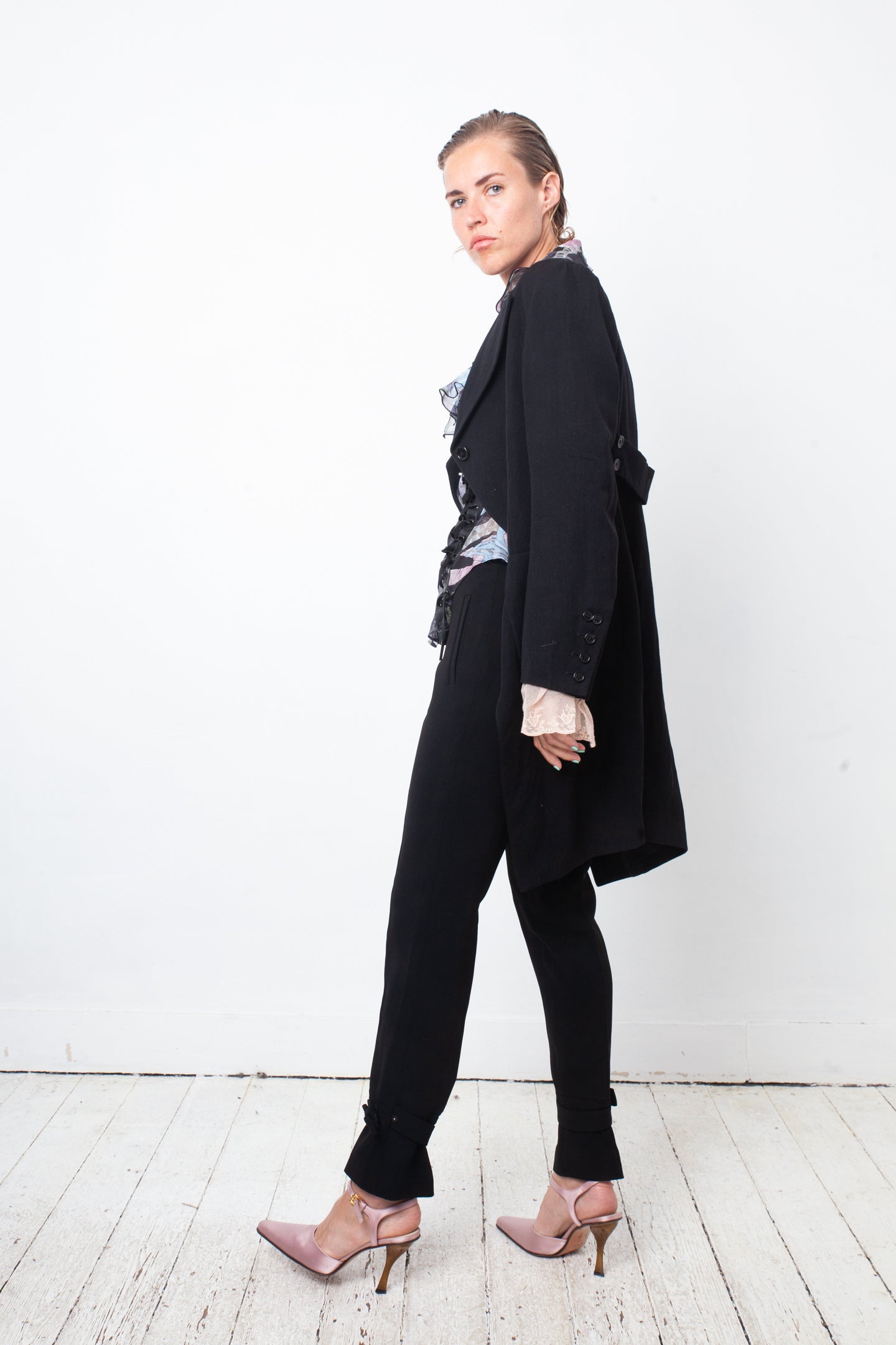 Ann Demeulemeester 2000's black wool tailcoat with pink lace cuffs