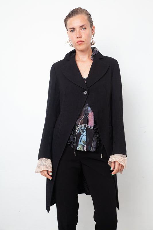 Ann Demeulemeester 2000's black wool tailcoat with pink lace cuffs