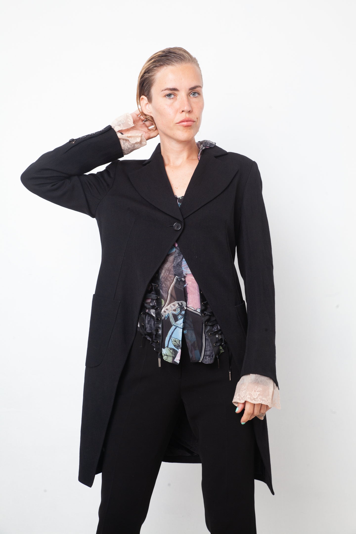 Ann Demeulemeester 2000's black wool tailcoat with pink lace cuffs