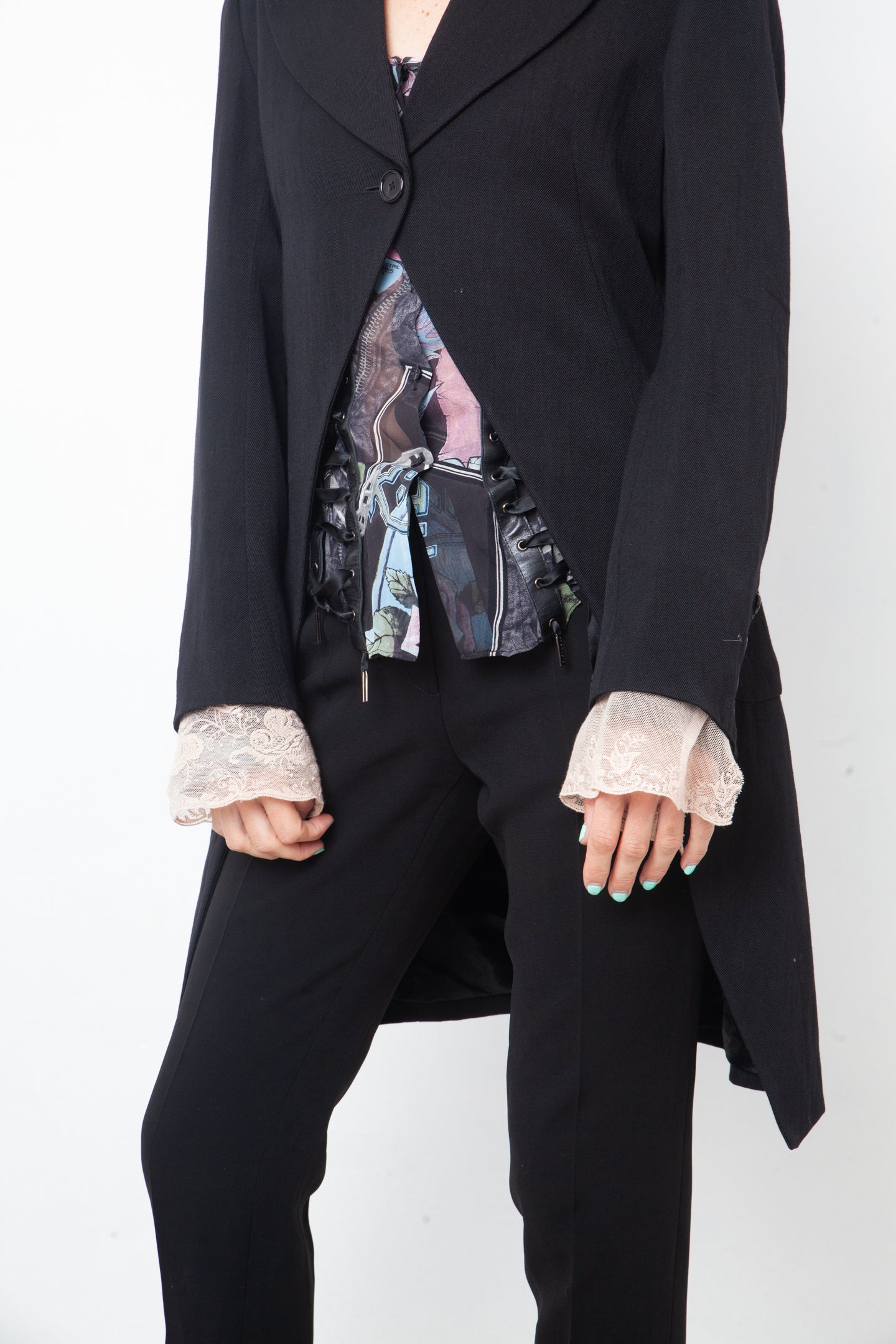 Ann Demeulemeester 2000's black wool tailcoat with pink lace cuffs