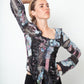 John Richmond 2000's silk black, blue & pink graphic printed shirt with lace detail