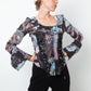 John Richmond 2000's silk black, blue & pink graphic printed shirt with lace detail