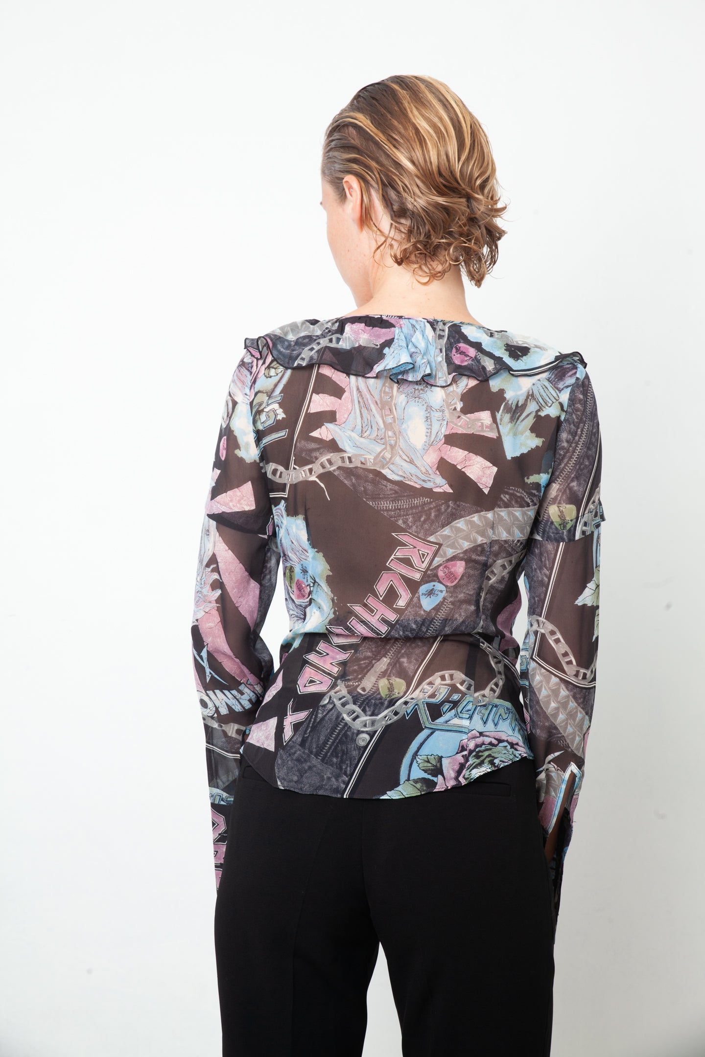 John Richmond 2000's silk black, blue & pink graphic printed shirt with lace detail