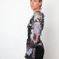 John Richmond 2000's silk black, blue & pink graphic printed shirt with lace detail