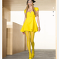 Versace FW 2021 full runway look 36 : yellow dress , Medusa Aevitas heels and stockings