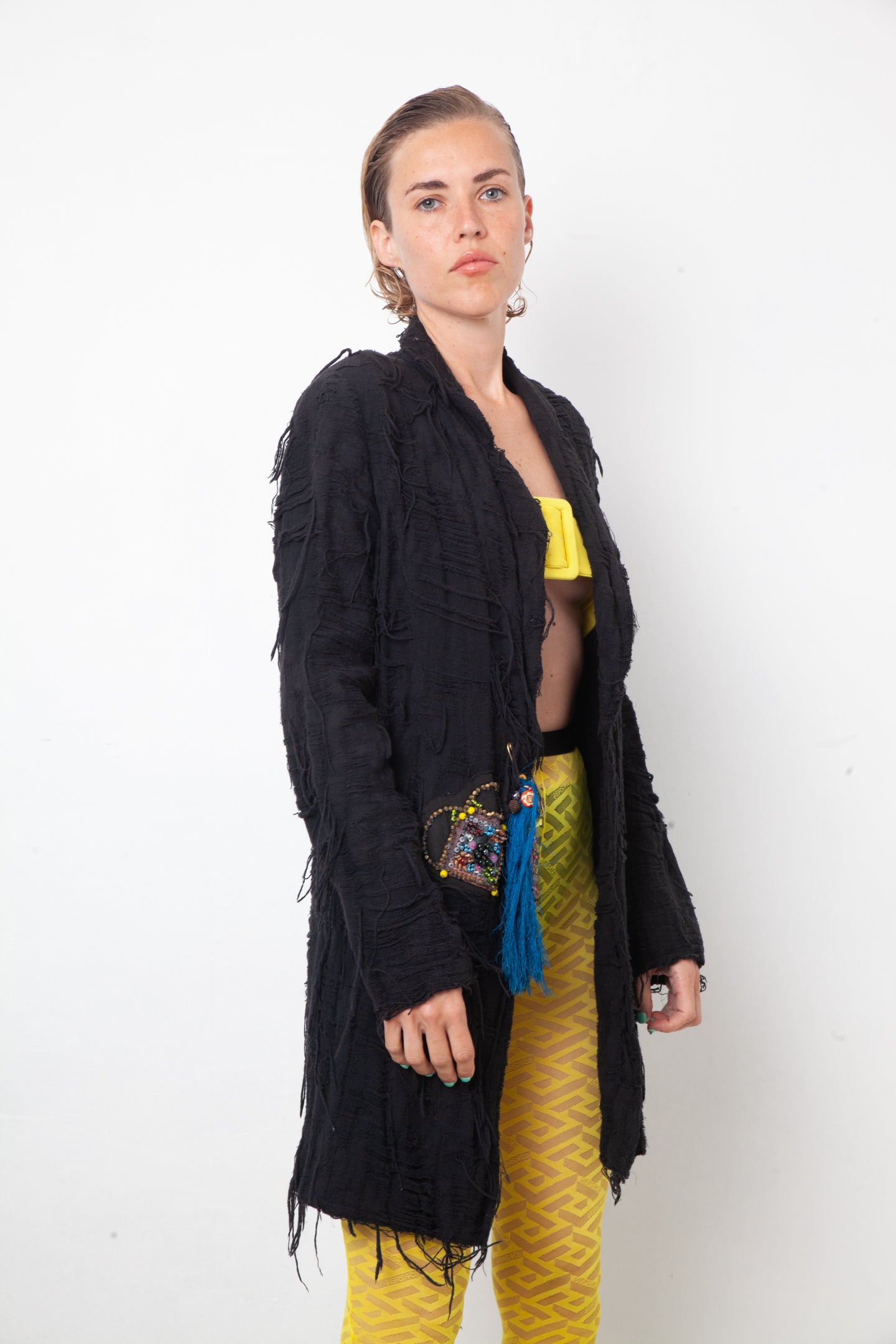 Christian Lacroix Bazar 90's distressed black knit jacket with brooch detail