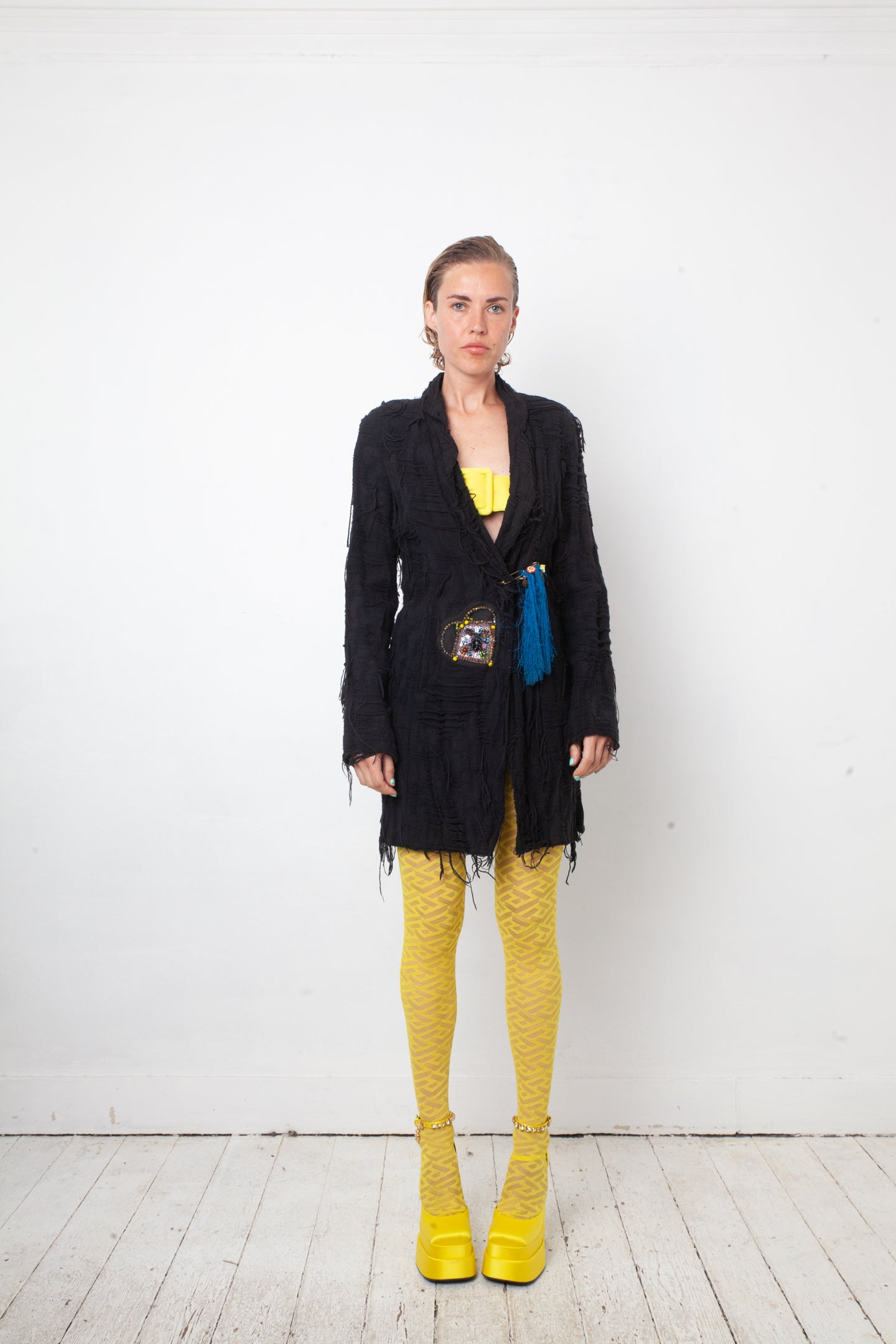 Christian Lacroix Bazar 90's distressed black knit jacket with brooch detail