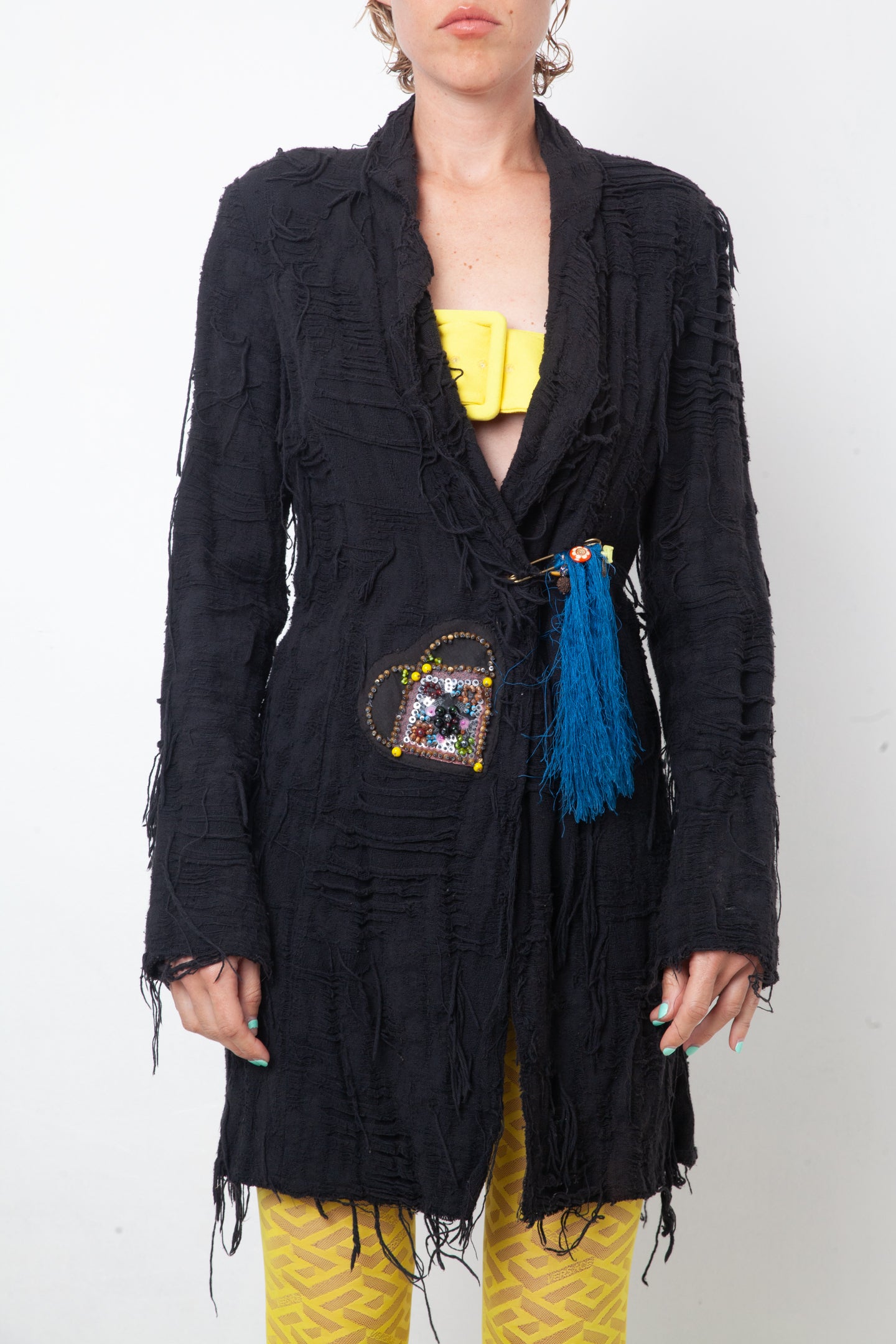 Christian Lacroix Bazar 90's distressed black knit jacket with brooch detail