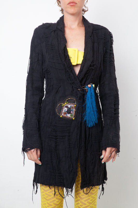 Christian Lacroix Bazar 90's distressed black knit jacket with brooch detail