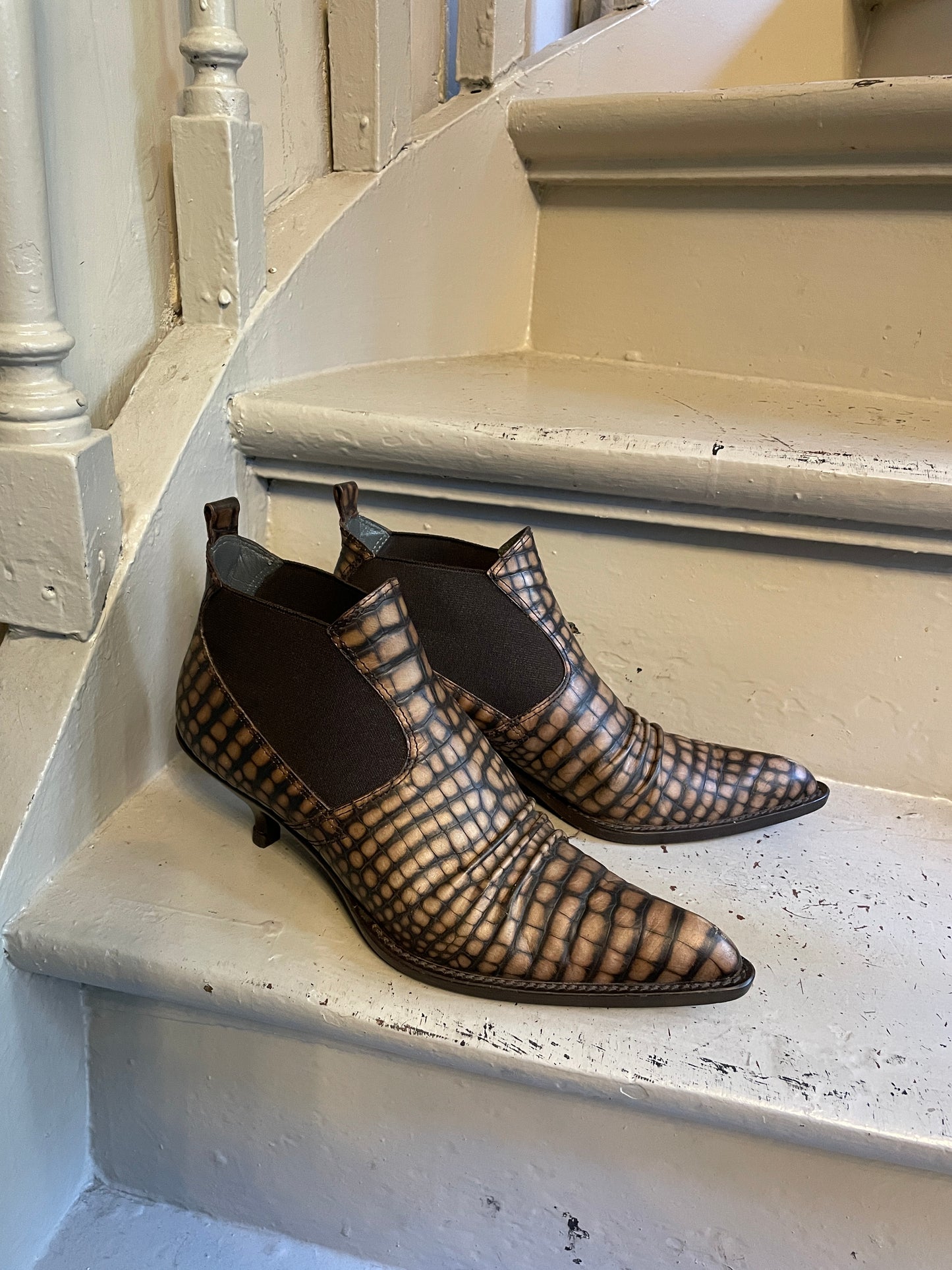 Miu Miu 2000's brown croc embossed leather ankle boots size 36,5