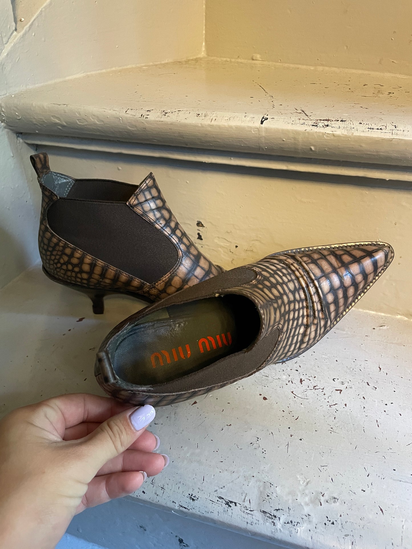 Miu Miu 2000's brown croc embossed leather ankle boots size 36,5