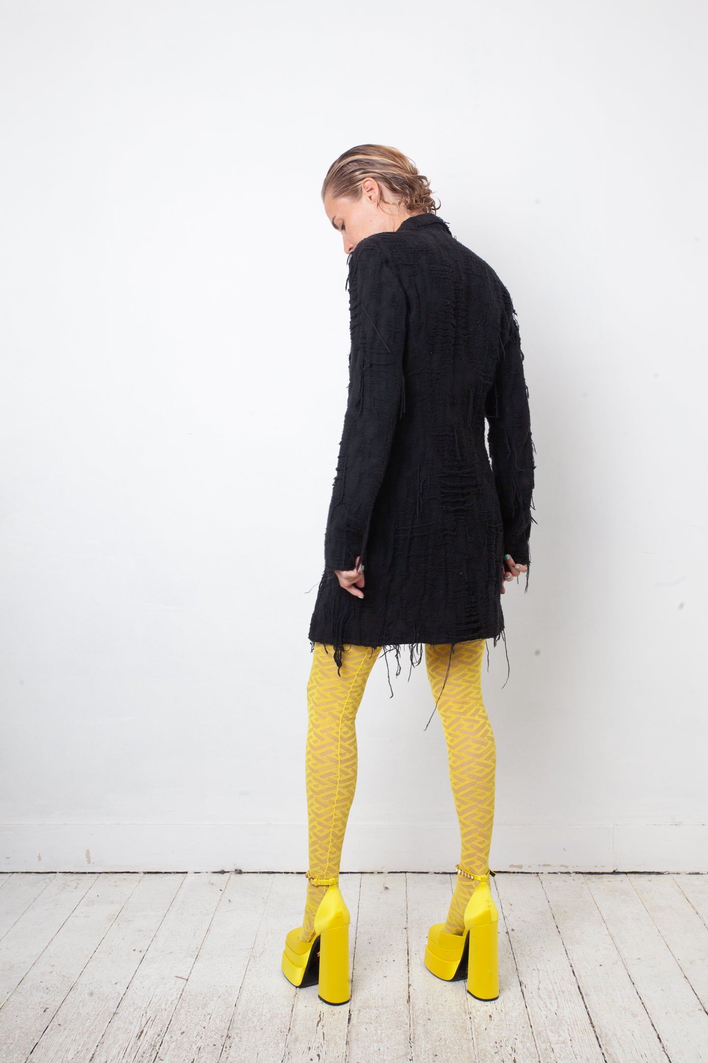 Christian Lacroix Bazar 90's distressed black knit jacket with brooch detail