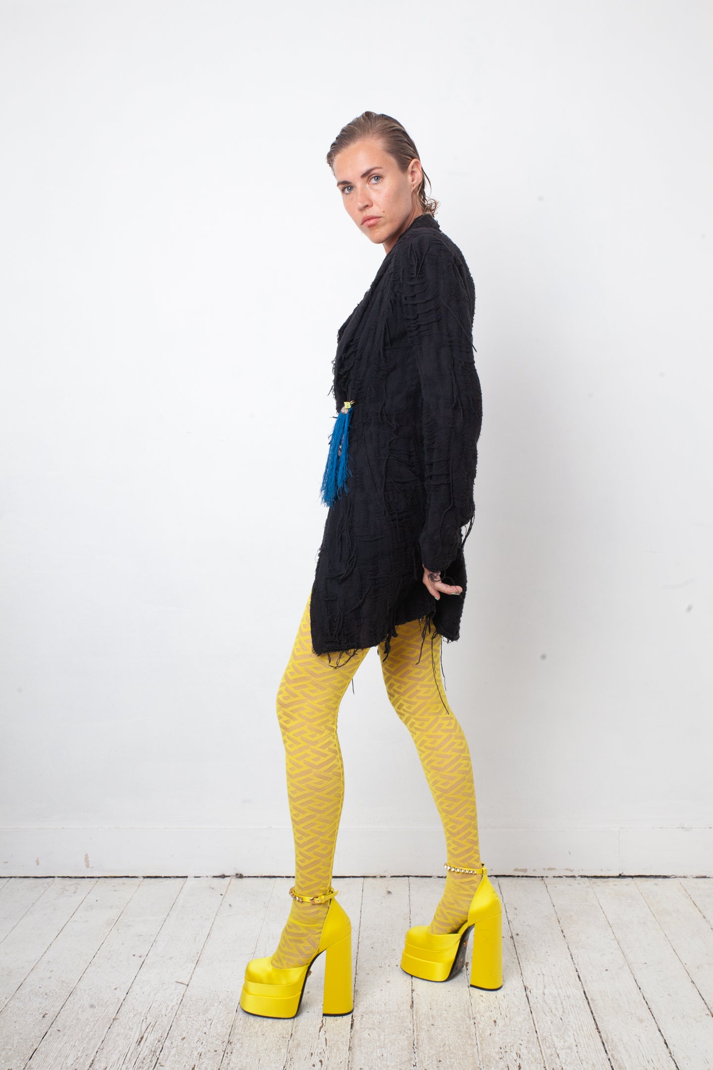 Christian Lacroix Bazar 90's distressed black knit jacket with brooch detail